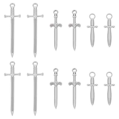 UNICRAFTALE 12Pcs 3 Styles 304 Stainless Steel Sword Charm Dagger Metal Pendants Antique Silver Swords Blade Charms for DIY Bracelet Earrings Necklace Jewelry Making, Hole 1.8-3.5mm