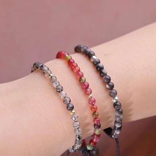 Natural Stone&925 Sterling Silver/18K Gold Anklet,│4MM│9-12 in│, Hand Woven, Adjustable Size - color: Colourful Tourmaline Anklet，4MM
