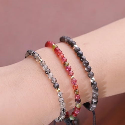 Natural Stone&925 Sterling Silver/18K Gold Anklet,│4MM│9-12 in│, Hand Woven, Adjustable Size - color: Colourful Tourmaline Anklet，4MM