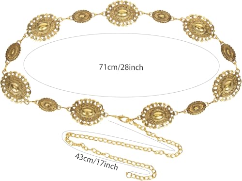 Women Western Concho Chain Belt - Fashion Gold Metal Waist Cowgirl Belt for Dresses Jeans - color: Gold