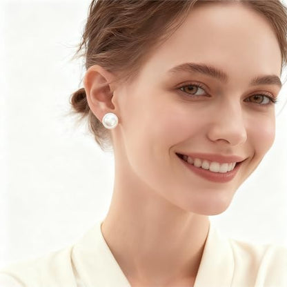 White Faux Pearl Stud Earrings, S925 Silver Posts Hypoallergenic for Women - color: Pinkish White, size: 14mm