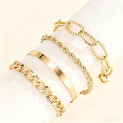 Gold Bracelets for Women, 5 Pcs Non-Tarnish Gold Plated Stackable Bangles with Beaded, Knot, Twisted, Cuff & Chain Designs, Everyday Jewelry Gifts - color: Gold-4pcs