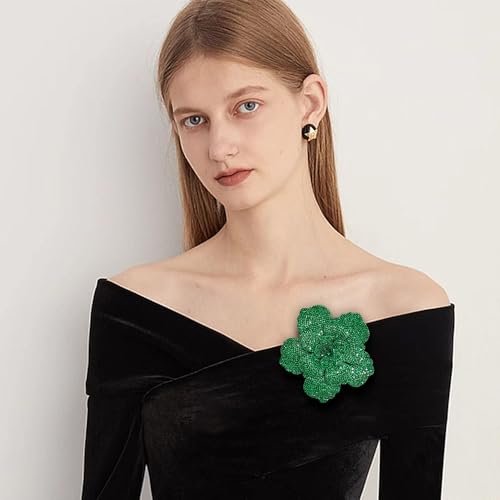 Rhinestone Flower Brooch Pin for Women Men Elegant Sparkly Crystal Camellia Floral Lapel Pins Shawl Dress Suit Clothes Accessories Wedding Party Fashion Jewelry 105mm - color: Green