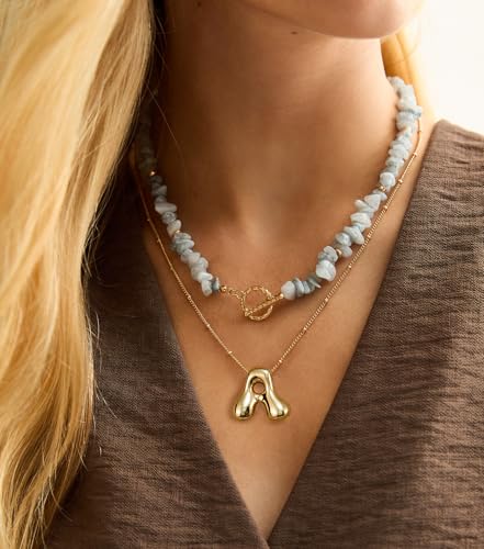 Bheop Initial Necklace for Women, Gold Silver A-Z Bubble Letter Necklace | Chunky Personalized Monogram Name Pendant, Cute Balloon Charm, Dainty Beaded Chain, Trendy Jewelry Gifts, Non Tarnish - color: Gold, style: C
