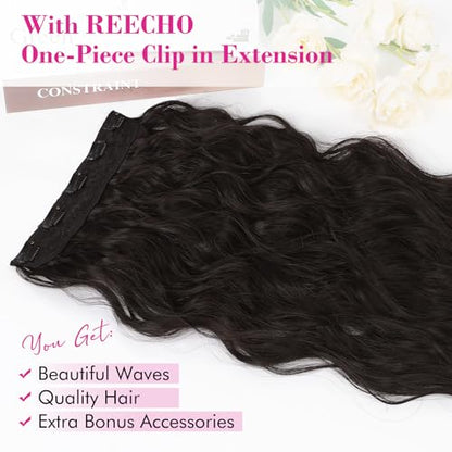 REECHO Clip in Hair Extensions, 20” One Piece Hair Extension Clip in Wefts Long Thick Beach Wavy Natural Soft Synthetic Hairpieces for Women, Black Brown - color: Black Brown - Wavy, size: 20 Inch (Pack of 1)