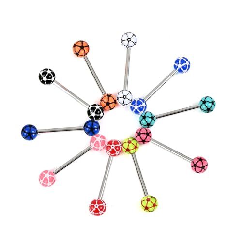 10pc 14G Tongue Ring Surgical Steel Bar UV Acrylic Ball Multi Color Star & Football Pattern Barbell Body Piercing Jewelry