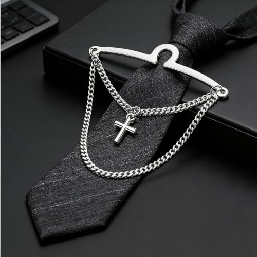 Yoursfs Silver Cross Tie Chain for Men Unique Double Chains Personalized Tie Clips Mens Loop Jewelry For Father Husband Bridegroom