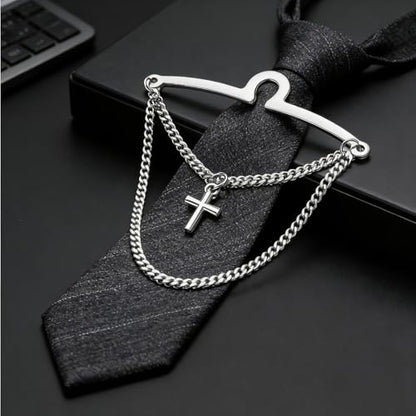 Yoursfs Silver Cross Tie Chain for Men Unique Double Chains Personalized Tie Clips Mens Loop Jewelry For Father Husband Bridegroom