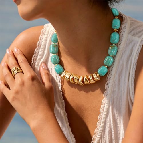 VIBILIA Boho Beaded Chunky Statement Necklace for Women Y2K Summer Jewelry | Boho Handmade Large Resin Bead Strand, Trendy Statement Summer Vacation Holiday Jewelry - color: Oval-Turquoise