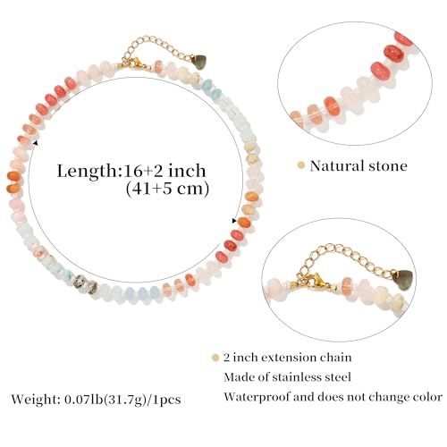 Joya Love Colorful Gemstone Beaded Necklaces For Women Trendy Rainbow Natural Stone Boho Handmade Stainless Steel Waterproof Strand Necklaces Jewelry For Women Gift - color: White pink
