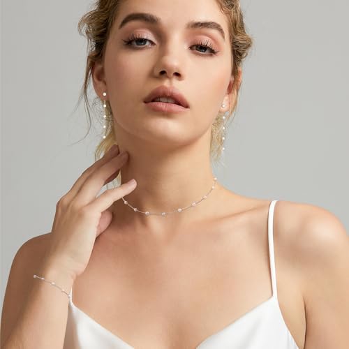 HERIER Gold Jewelry Set for Women - Dainty 14K Gold/Silver Plated Pearl Choker Necklace, Drop Earrings & Bracelets - Wedding Trendy Pearl Jewelry Gift - color: Pearl Choker Set-Silver