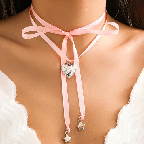 Pearl Ribbon Bow Choker Necklaces Y2k Coquette Necklace for Women - color: Pink