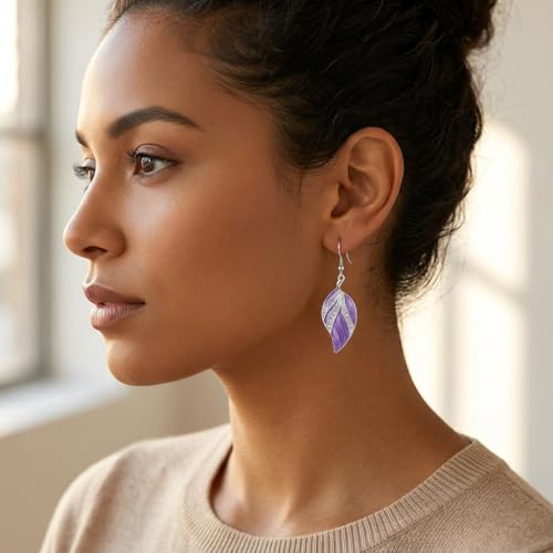 Leaf Dangle Earrings for Women, Boho Tropical Dangling Jewelry, Summer Earring Accessory, Birthday Gift for Her - color: Purple