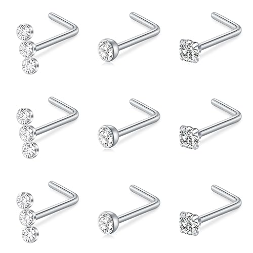 Mayhoop 20G Nose Rings Studs 316L Surgical Stainless Steel L Shape Bone Diamond Heart Corkscrew Nose Ring Nostril Piercing Jewelry For Women Men - color: L-Silver-B