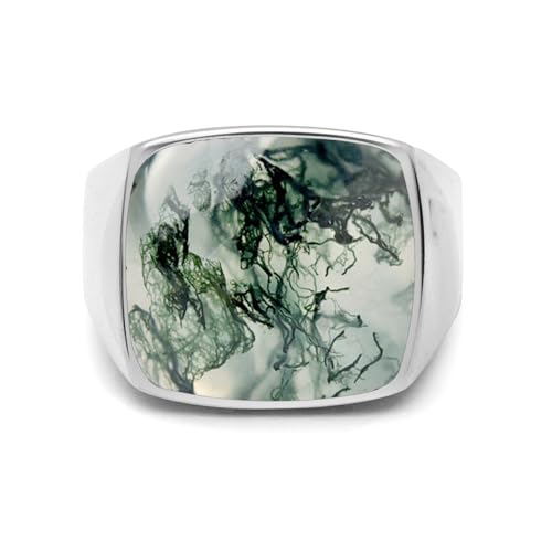 Square Cut Tiger Eye/Black Onyx/Turquoise/Lapis/Moss Agate Rings for Men 925 Sterling Silver 10K 14K 18K Gold Signet Rings for Men - style: Moss Agate