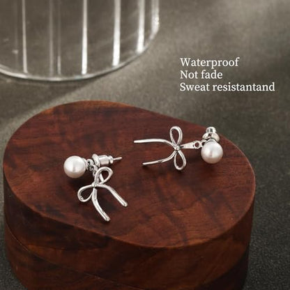 Gold Silver Pearl Earrings for Women - Hoop Earrings for Women Trendy 14K Gold Plated/Silver Twist Rope Bow Stud Bow Pearl Huggie Earring Hoops Pearls Dangle Cubic Zirconia Earring Jewelry Gift Womens - color: Silver bow