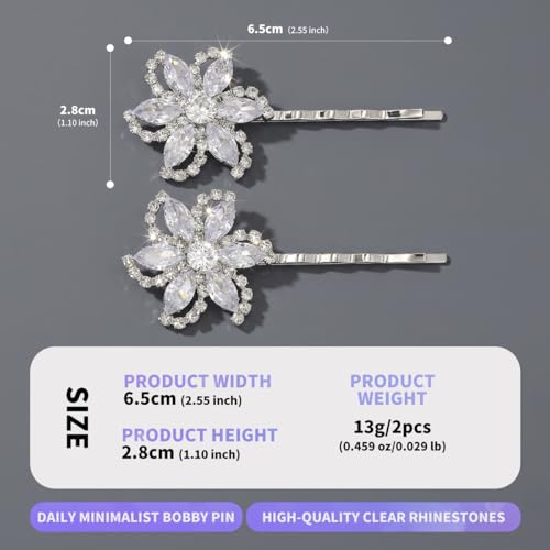 Sparkling Floral Crystal Bobby Pins for Women - Elegant Rhinestone Hair Clips with Rhodium Plated Alloy, Minimalist Flower Hair Accessories for Wedding, Party, and Daily Wear (Set of 2)