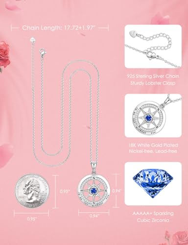 Meeshi Silver Compass Necklace for Women Birthday Gifts for Wife Anniversary Necklace for Women Rose Flower Birthstone Necklaces for Wife Jewelry for Womens Girlfriend Mom Daughter - style: 09-September-Sapphire