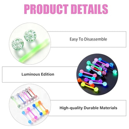 32 Pcs Glow in the Dark Acrylic Tongue Rings, 14G | Straight acrylic barbells, assorted luminous colors, lightweight body jewelry, daily and party styling