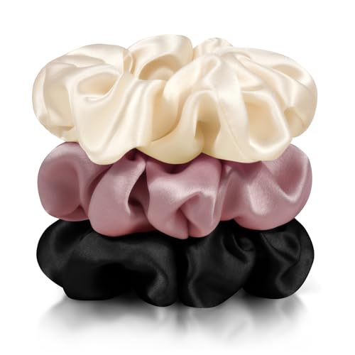 Zenssia Silk Scrunchies for Hair, Mulberry Silk Hair Ties for Women and Girls, No Damage Elastic Ponytail Holders（Black, Champagne, Light Plum） - color: Black Champagne Light Plum