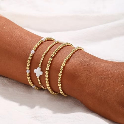 Cuzmly Bracelets for Women, Waterproof 14K Gold/Silver Plated Stackable Bracelets for Women Non Tarnish Trendy Dainty Paperclip Figaro Box Herringbone Hand Chain Bracelet Pack Stack Adjustable Jewelry for Women - style: 4 Beaded Cross