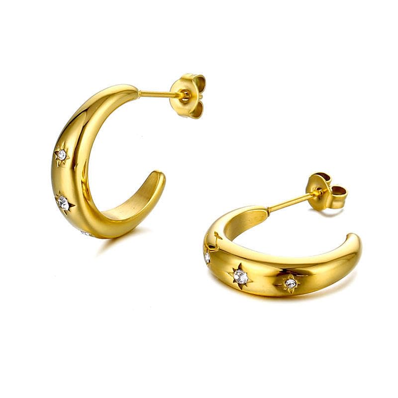 18K Gold Plated Stainless Steel Statement Earrings for Women - Trendy Hoops with Cubic Zirconia - Lightweight Non-Tarnish Waterproof Fashion Jewelry Gift - style: Zircon C-shaped Hoop