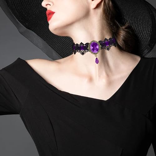 AILUOR Punk Rock Wedding Party Handmade Black Lace Choker, Gothic Retro Lolita Beads Chain Vampire Pendant Necklace for Women Halloween - color: Purple