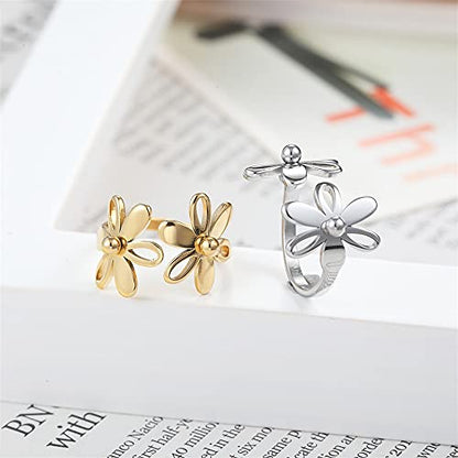 Asymmetric Sunflower Stainless Steel Wrap Open Rings for Women Cute Daisy Flowers Adjustable Statement Promise Engagement Finger Knuckle Rings Fashion Dainty Expandable Rings Christmas Thanksgiving Day Gifts - color: Stainless Steel