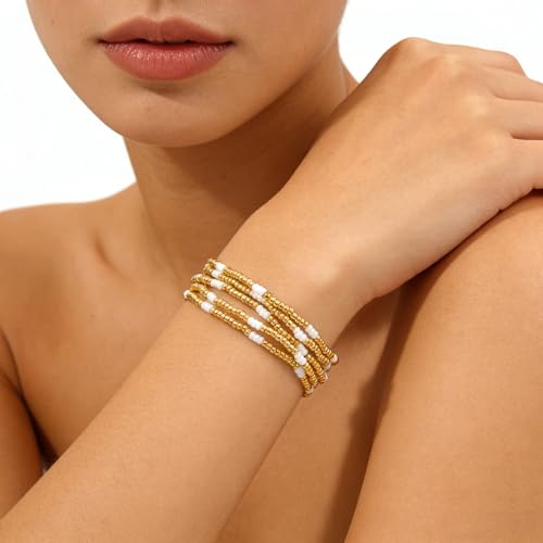 Dainty Gold Plated Pearl Crystal Beaded Bracelets Set for Women 14K Gold Plated Bead Pearl Beads Bracelet Stackable Paperclip Link Chain Bracelets Gold Plated Bracelets for Women Trendy Jewelry - color: Style10-Gold&White 5pcs