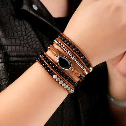Artilady Leather Wrap Bracelet for Women, Pearl Beaded Bangle Stack Jewelry | Easy on-off, Elegant Handmade Multi-Layered, Daily Casual Date Beach Vacation, Gift for Ladies, Mother, Sister & Friend - style: Black stone