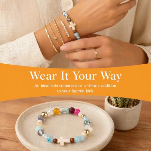 Crystal Cross Bracelet for Women and Men, Gift Jewelry Jewelry Gift | natural stone beads, crystal beads, cross design, inspirational style, birthday gift, bracelet jewelry for casual styling - color: colors-02