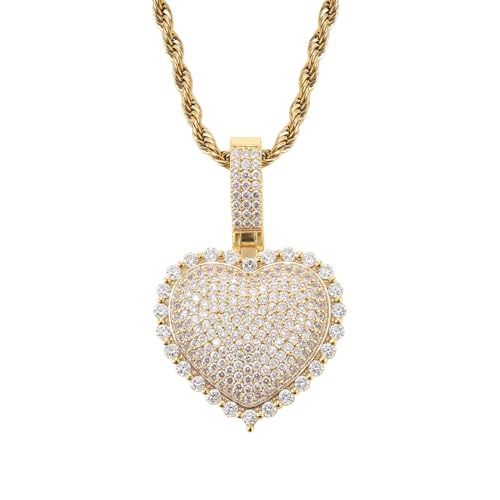 Lulu Mel Silver Heart Necklace 14K Gold Plated Heart Pendant Cubic Zirconia Necklace for Women Men, Iced Out Love Necklace Jewelry Gift Valentine's Day/Mother's Day/Christmas/Anniversary/Birthday Gift - color: Gold, style: 3D Heart