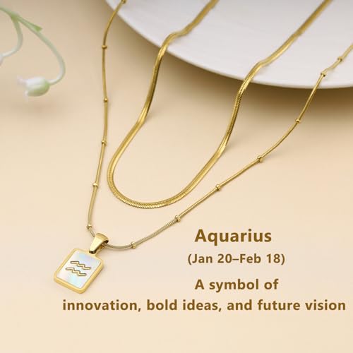 LETFLY Layered Zodiac Necklace for Women 18K Gold Natural Shell Pendant | Birthday Gifts for Women, Daily Wear, Hypoallergenic Material, Personalized Constellation Pendant, Adjustable, Snake Chain - style: Aquarius