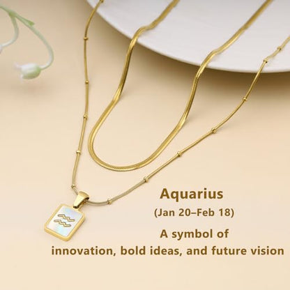 LETFLY Layered Zodiac Necklace for Women 18K Gold Natural Shell Pendant | Birthday Gifts for Women, Daily Wear, Hypoallergenic Material, Personalized Constellation Pendant, Adjustable, Snake Chain - style: Aquarius