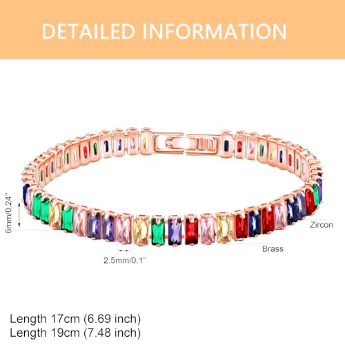 Uloveido 2.5 * 6mm Cubic Zirconia Rectangular Tennis Bracelets for Women | Classic Emerald Cut Faux Diamond Eternity Bracelet Size 6.5-7.5 Inch - color: Rose gold-multi, size: 6.5 inch