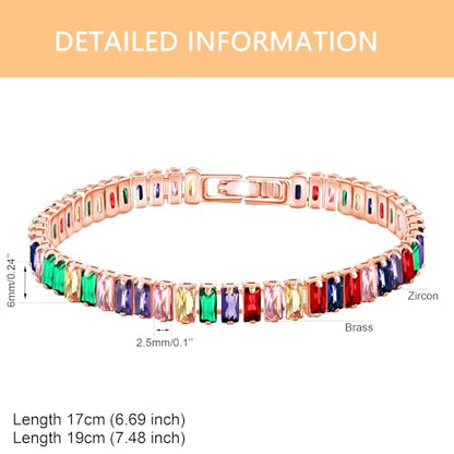 Uloveido 2.5 * 6mm Cubic Zirconia Rectangular Tennis Bracelets for Women | Classic Emerald Cut Faux Diamond Eternity Bracelet Size 6.5-7.5 Inch - color: Rose gold-multi, size: 6.5 inch
