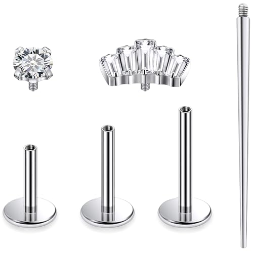 Titanium Flat Back Lip Rings Internally Threaded Earrings Studs Nose Rings 16G Opal CZ Tragus Cartilage Lobe Rook Helix Conch Labret Medusa Piercing Jewelry for Women Men W Piercing Taper Set - style: Crown CZ