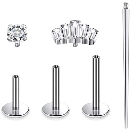 Titanium Flat Back Lip Rings Internally Threaded Earrings Studs Nose Rings 16G Opal CZ Tragus Cartilage Lobe Rook Helix Conch Labret Medusa Piercing Jewelry for Women Men W Piercing Taper Set - style: Crown CZ