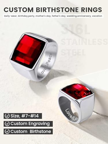 KeyStyle Square Gemstone Signet Rings for Men, Personalized Stainless Steel Pinky Ring with Black Onxy Blue Topaz Birthstone Statement Ring - color: 316L Stainless Steel-Custom Stone-15mm