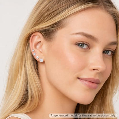 KISS WIFE CZ Stud Earrings Set for Women, Cubic Zirconia Stud Earrings in Multiple Sizes, Triangle Oval Heart Round Pearl Square Earrings, Hypoallergenic Silver Stud Earrings for Cartilage Piercing Jewelry - style: Triangle + Oval + Heart + Round + Pearl