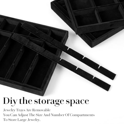 Stackable Jewelry Trays 4 Set Black Drawer Organizer Velvet | versatile 4-piece set, soft velvet lining, space-saving stackable design, customizable organization, easy maintenance