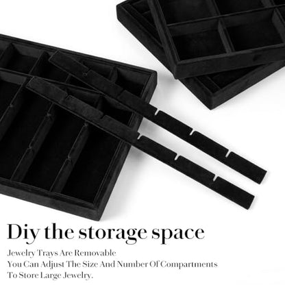 Stackable Jewelry Trays 4 Set Black Drawer Organizer Velvet | versatile 4-piece set, soft velvet lining, space-saving stackable design, customizable organization, easy maintenance
