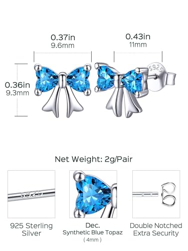 ChicSilver 925 Sterling Silver Bow/Butterfly Earrings for Women Hypoallergenic Birthstone Earrings Dainty Bow/Butterfly Jewelry Gift for Women - color: Bow-December-Blue Topaz