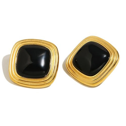RAUCHBE Big Chunky Gold Earrings for Women Vintage Black Oval Earring Onyx Statement Earrings Trendy Jewelry - style: H