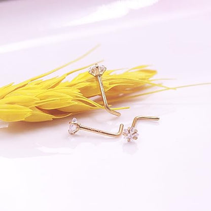 3 Pcs 14K Gold Filled Nose Studs 20G Stainless Steel Stud Nose Ring 2mm/2.5mm/3mm Round CZ L Bend Nose Stud Hypoallergenic Nose Piercing - color: gold mix L