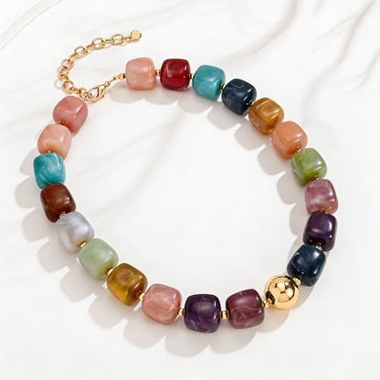 Colorful Statement Chunky Beaded Necklace for Women Trendy Y2K Boho Choker | Large Square Resin Beads Bold Summer Vacation Jewelry - color: Colorful