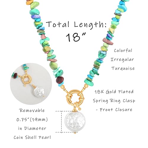 Aobei Pearl 18K Gold Plated Pendant Necklace for Women Dainty Gold Chain Choker Love Heart Disc Coin Pearl Cross Toggle Jewelry - style: Colorful Turquoise Coin Pearl