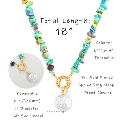 Aobei Pearl 18K Gold Plated Pendant Necklace for Women Dainty Gold Chain Choker Love Heart Disc Coin Pearl Cross Toggle Jewelry - style: Colorful Turquoise Coin Pearl