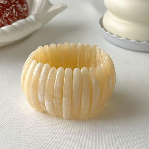 Boho Retro Acrylic Resin Stretch Bangle Bracelets Colorful Wide Chunky Irregular Geometric Tube Bead Wristband Statement Bracelet for Women Fashion Party Wedding Jewelry Gifts - color: Beige