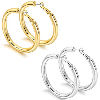 sovesi Chunky Hoop Earrings for Women, 14K Gold Plated Thick Hoops | 5mm Thick Hollow Tube Chunky Lightweight Hypoallergenic Hoop Earrings for Women - style: Gold and Silver 50MM
